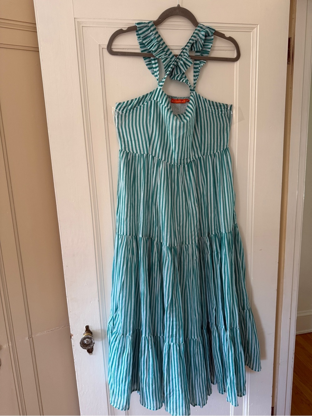 Oliphant Teal and White Striped Tiered Midi Dress with Crossed Back Straps